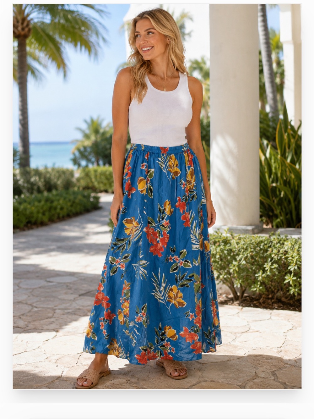 NWOT Patrons of Peace Blue Floral Maxi Skirt Summer Vacation Relaxed Casual